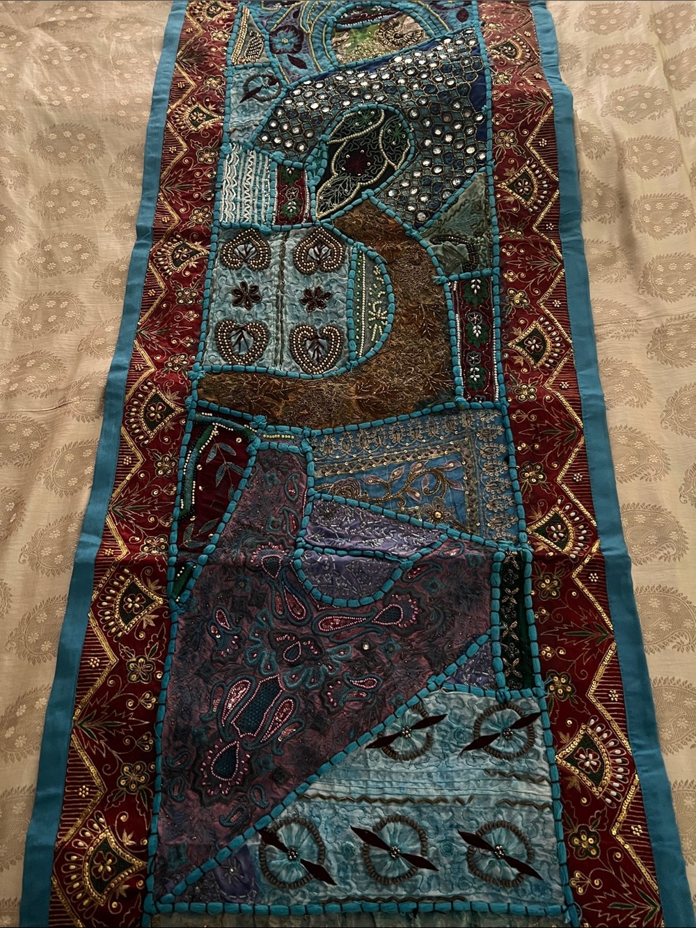 Handcrafted Blue & Burgundy Patchwork Wall Tapestry - Artisan Home Wall Decor